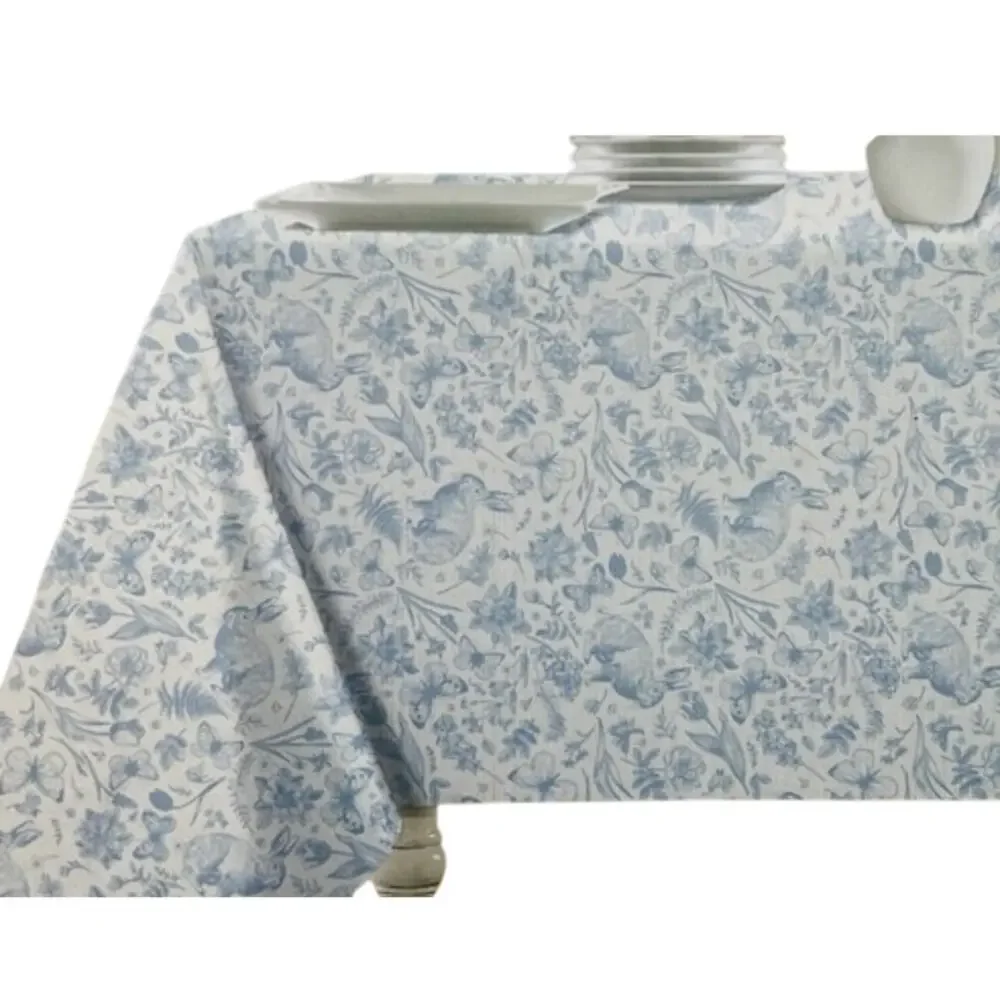 Blooming Easter Blue Bunny Rabbit Floral Tablecloth 60x120 Linen Blend NEW
